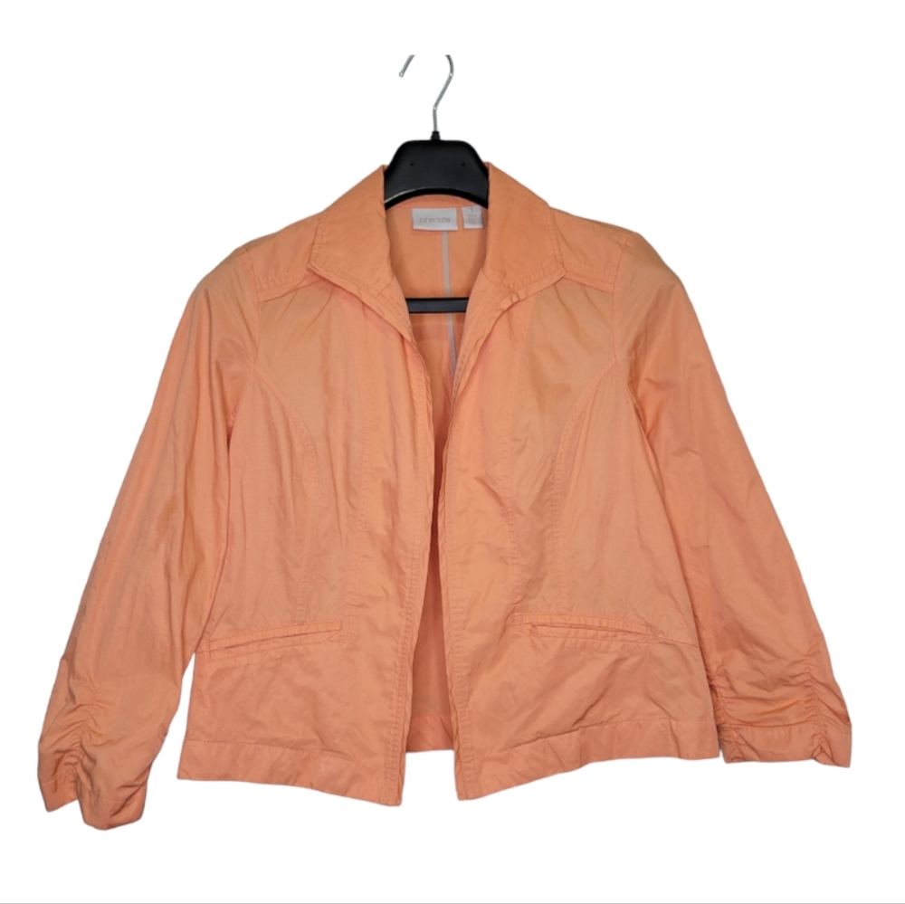 Chicos Jacket Medium 1 Orange Open Front Crinkle Lightweight Pockets Unlined